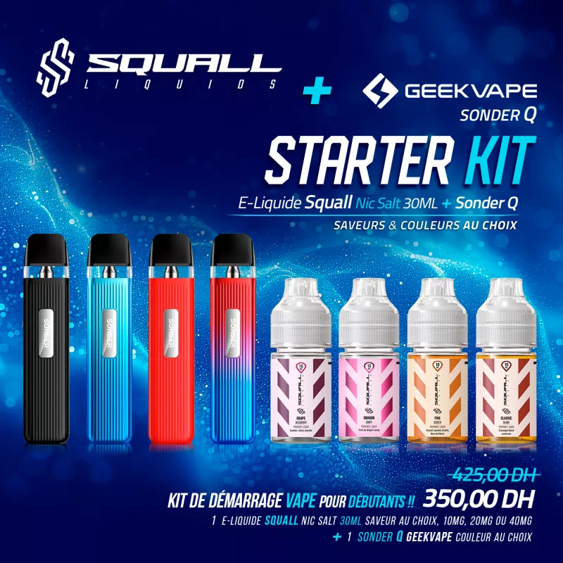 Kit de Démarrage Vape : Sonder Q & E-Liquide Squall 30ML Vapitex Maroc